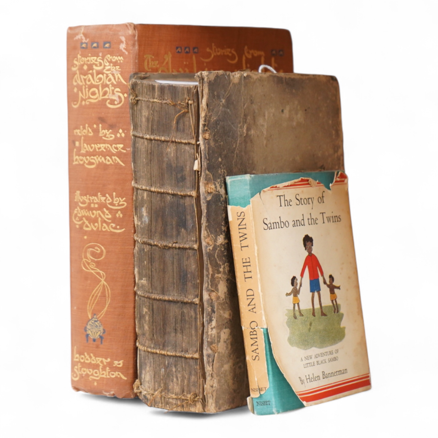 Three books, The Story of Sambo & the Twins, The Arabian Nights with drawings by Edmund Dulac, published Hodder & Stoughton, London and a late 17th century example, Dramatick Poesie, John Dryden, 1693